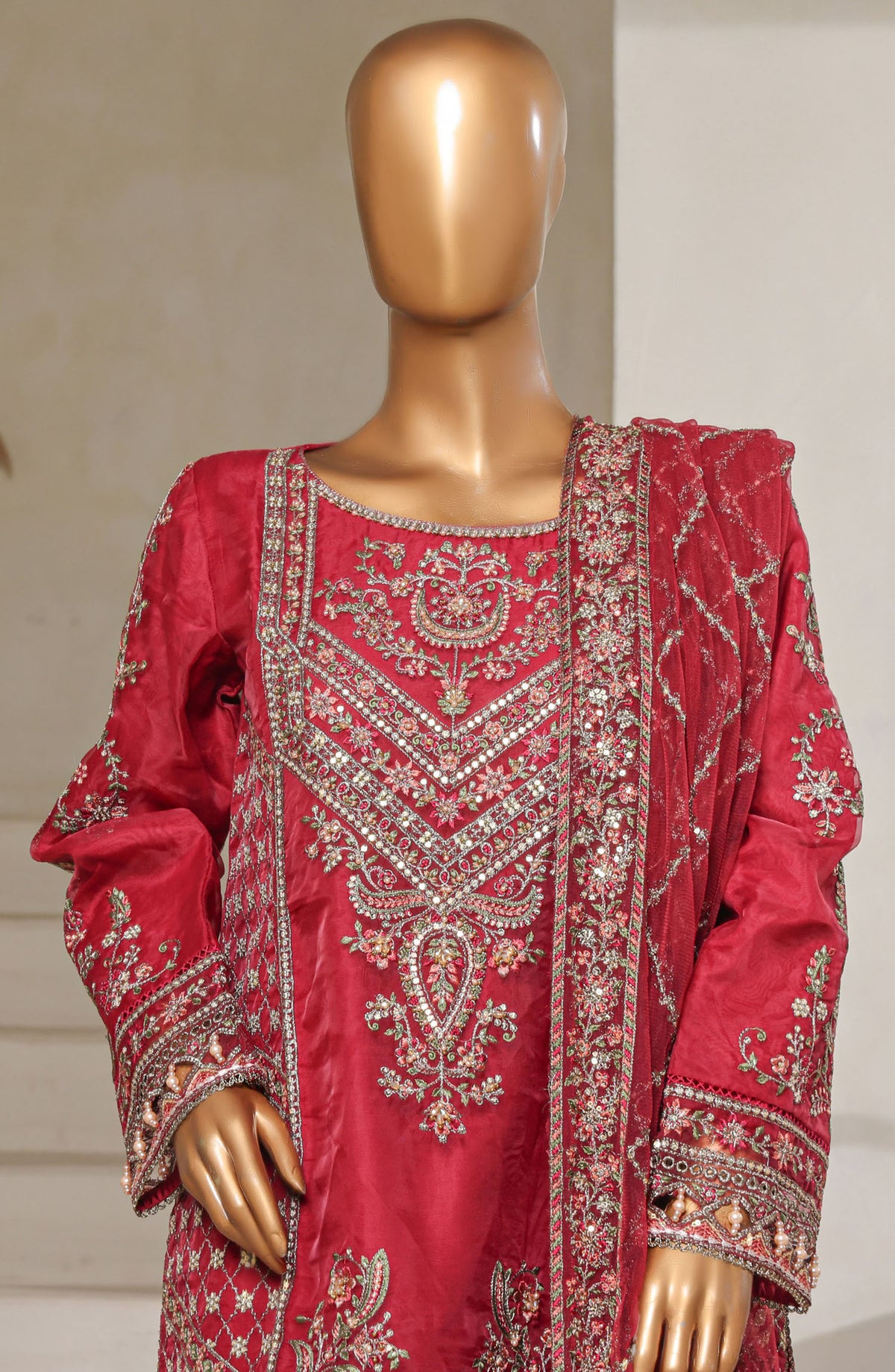 Mahpara by Sadabahar Embroidered Organza Stitched 3 Piece Suit - B-30 - SBD25MHPFV16 - Red - Formal Collection