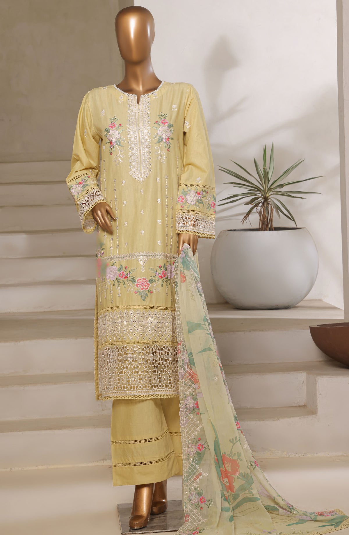 Sadabahar Embroidered Lawn Stitched 3 Piece Suit - D-02 - SBD25LESCV6 - Yellow - Summer Collection