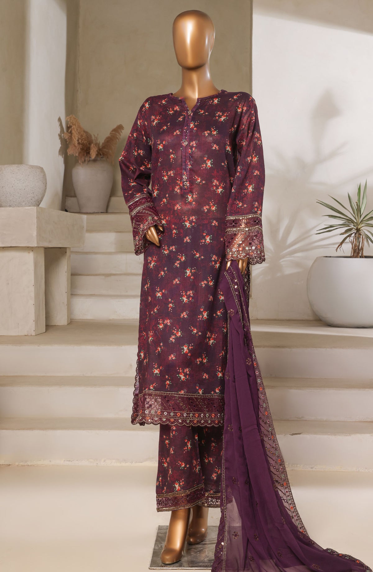 Malika by Sadabahar Embroidered Lawn Stitched 3 Piece Suit - D-03 - SBD25MEFV5 - Purple - Summer Collection