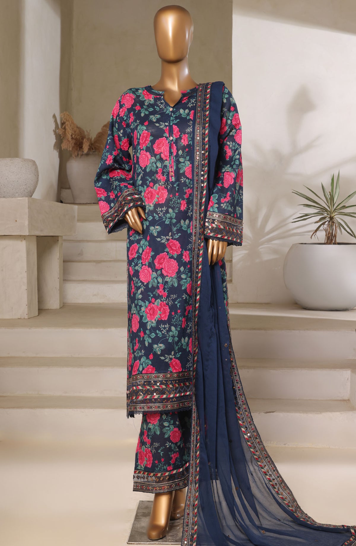Malika by Sadabahar Embroidered Lawn Stitched 3 Piece Suit - D-02 - SBD25MEFV5 - Blue - Summer Collection