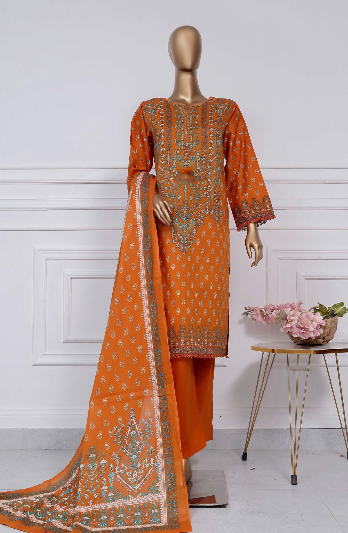 Sadabahar Printed Lawn Stitched 3 Piece Suit - D-21 - SBD25PLV2 - Orange - Summer Collection