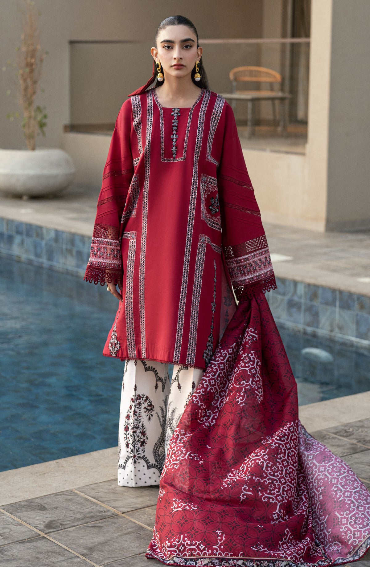 Yaarian by Sahane Embroidered Lawn Unstitched 3 Piece Suit - D-04 Ina - SAH25YL - Red - Summer Collection