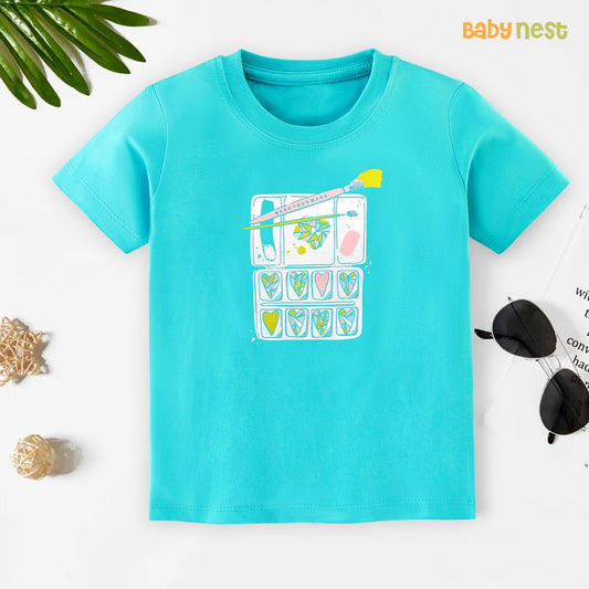 Paint BrushHalf Sleeves T-shirts For Kids sky Blue- SBT-366-D2