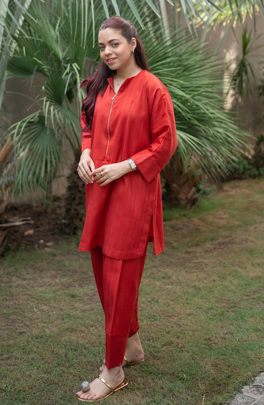La Rosaa Casual cotton Stitched 2 Piece - Scarlet - Red - Casual Collection