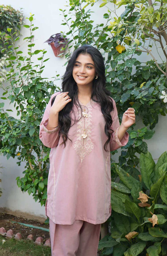 Ayla Studio Co-ords Chambaray Stitched 2 Piece - Seher - AS25CO - Peach Pink - Casual Collection