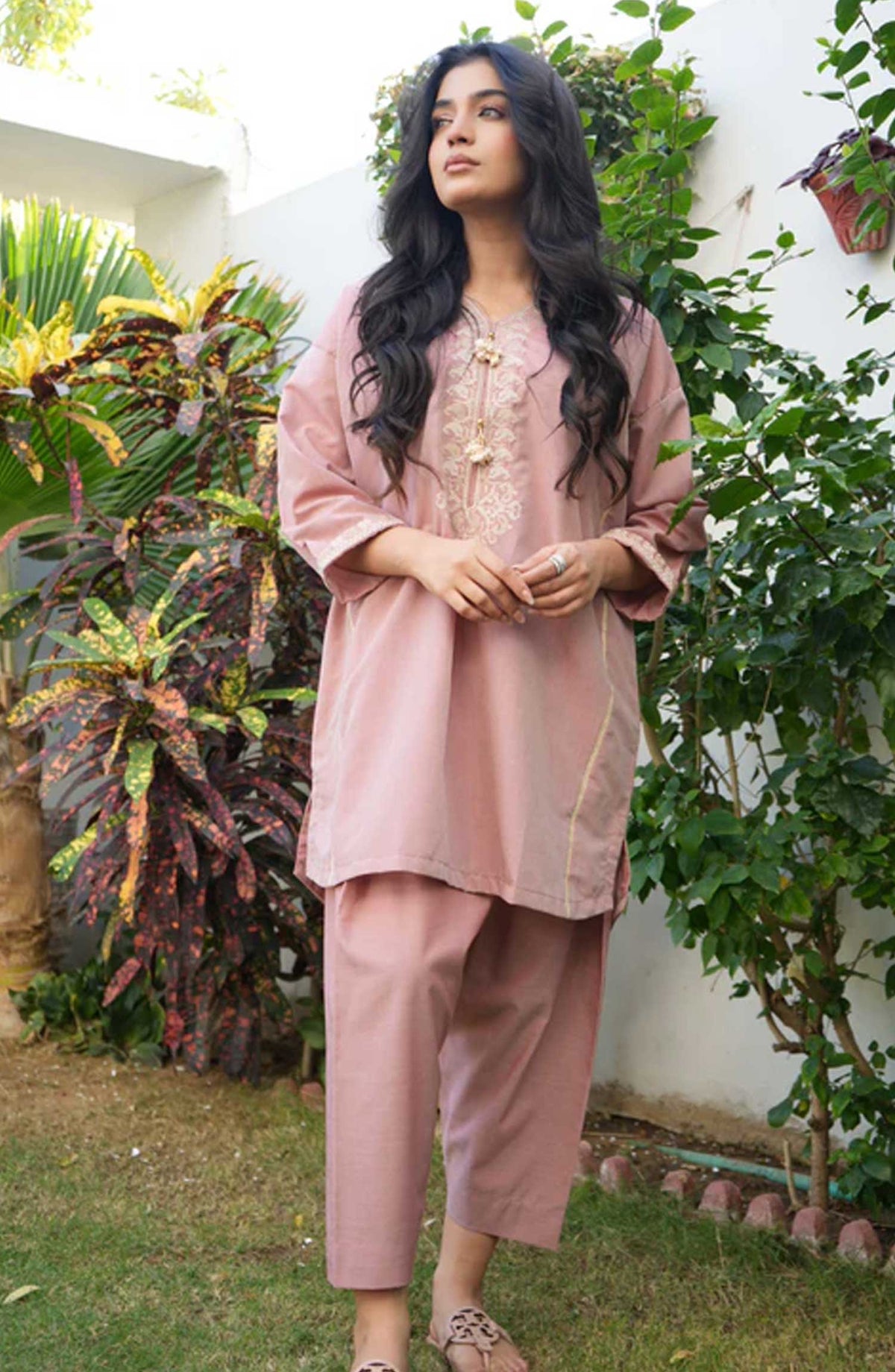 Ayla Studio Co-ords Chambaray Stitched 2 Piece - Seher - AS25CO - Peach Pink - Casual Collection