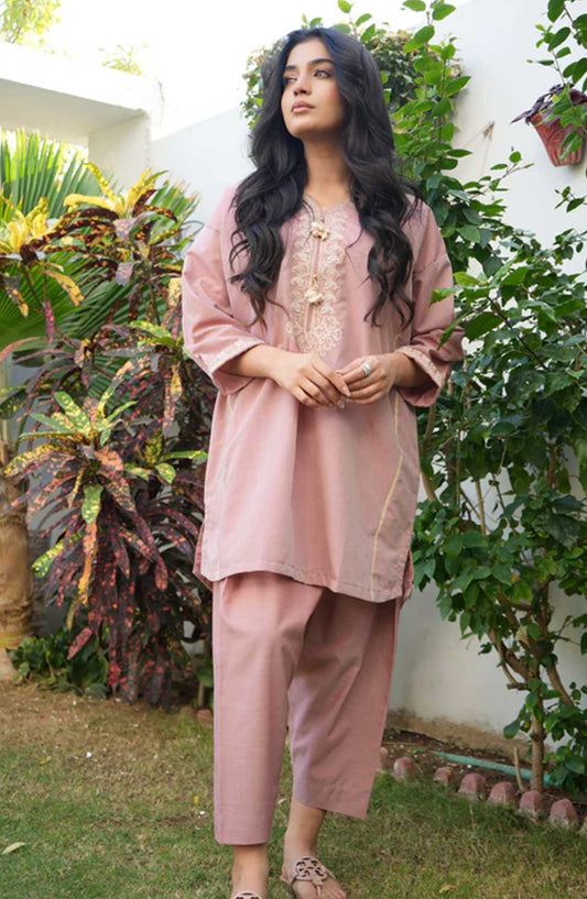 Ayla Studio Co-ords Chambaray Stitched 2 Piece - Seher - AS25CO - Peach Pink - Casual Collection
