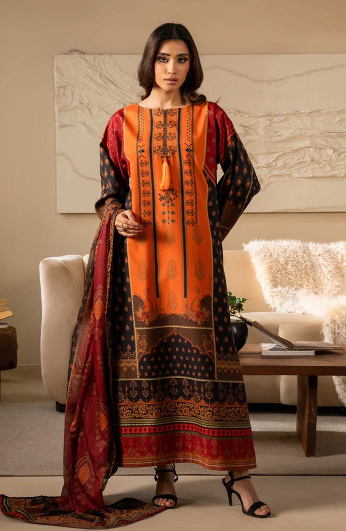 Nazm by Maryam N Maria Printed Silk Unstitched 3 Piece - SELENA - MS50463 - MNM25N - Orange - Festive Collection