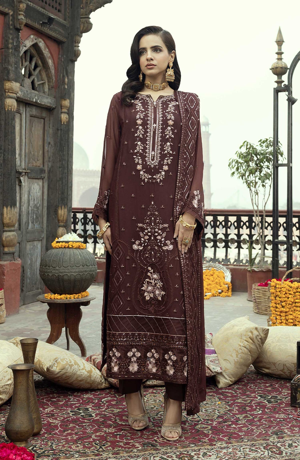 Shamooz Embroidered Chiffon Stitched 3 Piece - SEM-0775 Ecru - Brown - Festive Collection