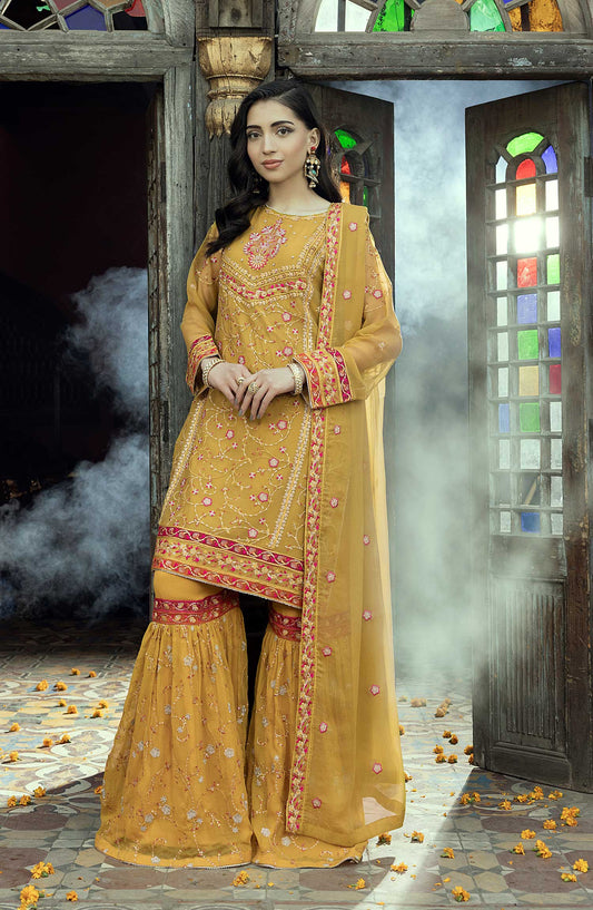 Shamooz Embroidered Chiffon Stitched 3 Piece - SEM-0778 Mustard - Mustard - Festive Collection