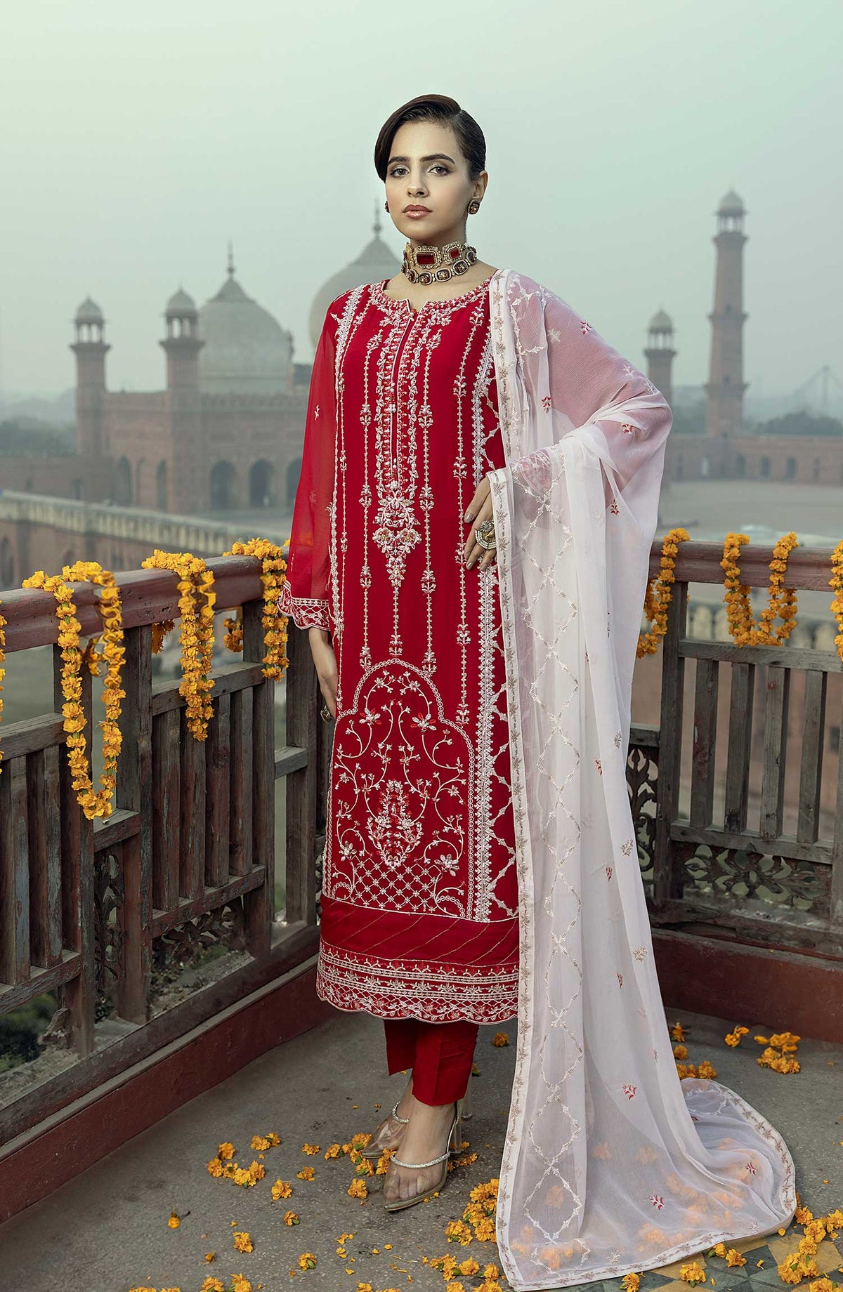 Shamooz Embroidered Chiffon Stitched 3 Piece - SEM-0779 Crimson - Red - Festive Collection
