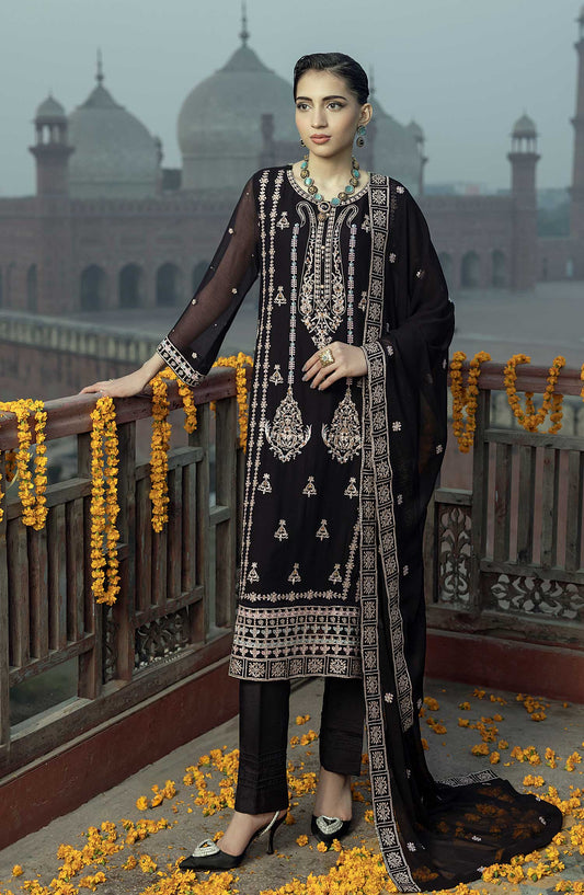 Shamooz Embroidered Chiffon Stitched 3 Piece - SEM-0780 Galaxy Black - Black - Festive Collection