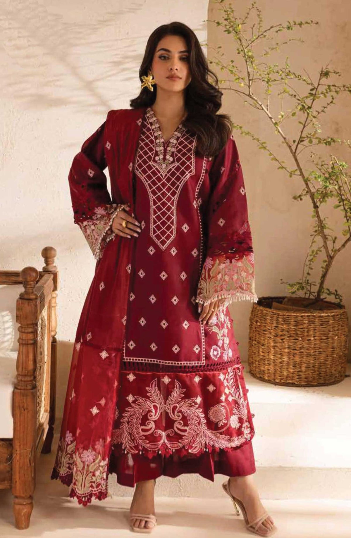 Parishay Embroidered Lawn Unstitched 3 Piece - SG-12 - P25SG - Maroon - Summer Collection