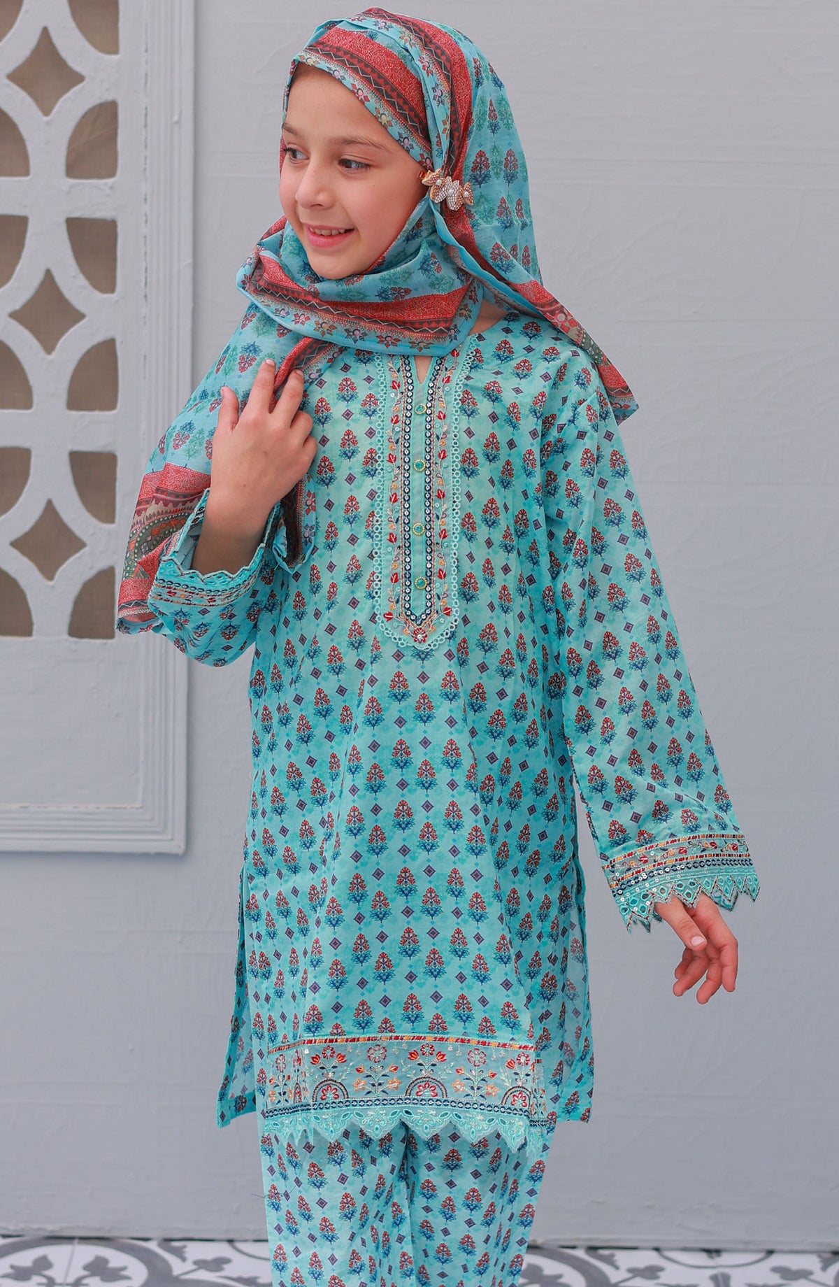 Shifa by Suntex Printed Chikankari Stitched 3 Piece Suit - SH-2530K - SS25SHE - Blue - Girls Summer Collection