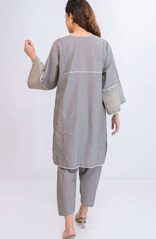 Ayla Studio Co-ords Chambray Stitched 2 Piece - Shafaq - AS25CO - Grey - Casual Collection