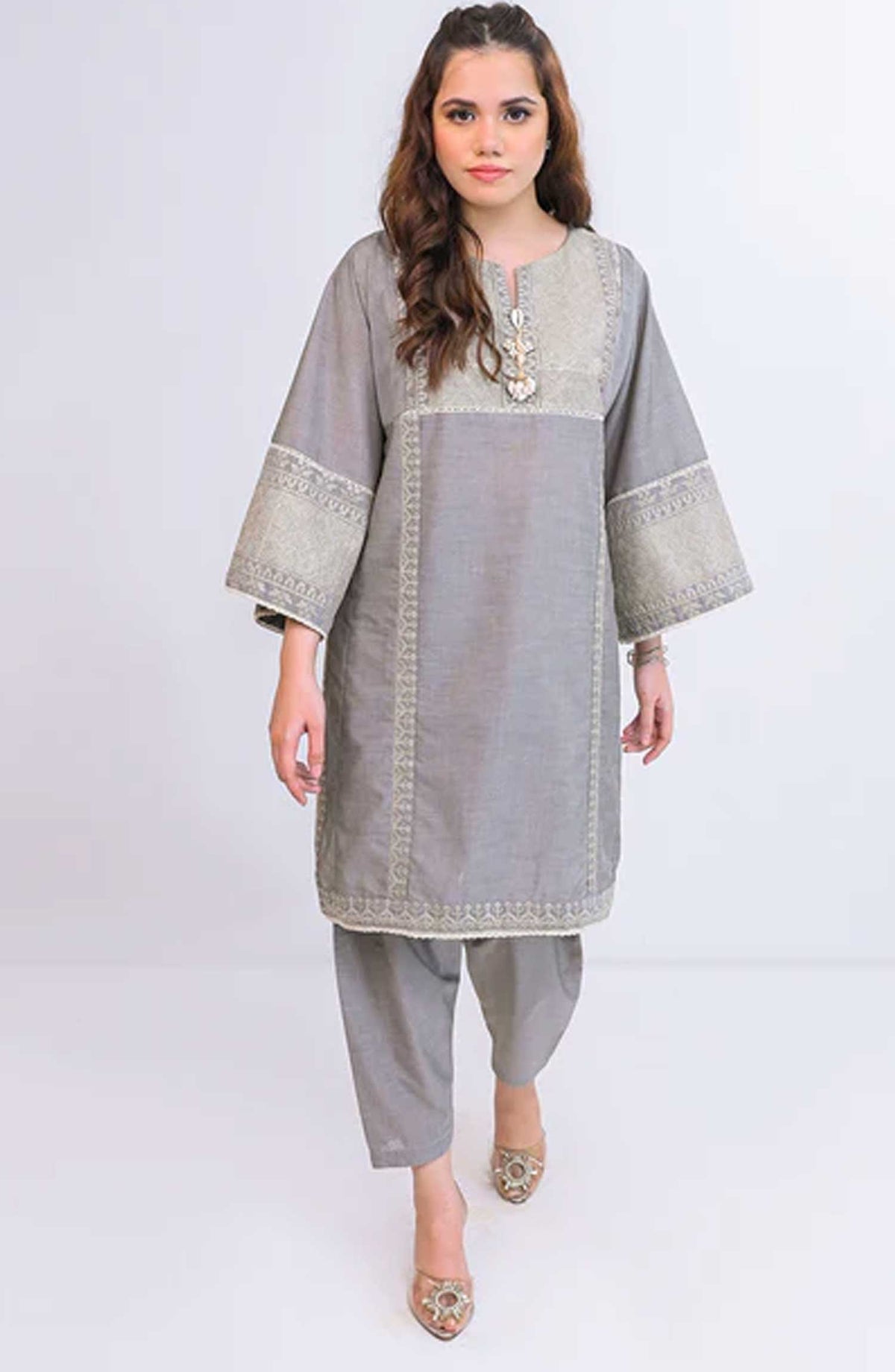 Ayla Studio Co-ords Chambray Stitched 2 Piece - Shafaq - AS25CO - Grey - Casual Collection