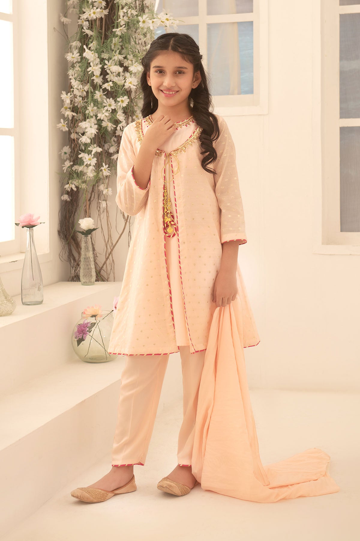 Ochre Festive Wear Zari Jacquard Stitched 3 Piece - SHD-11 - Peach - Girls Collection