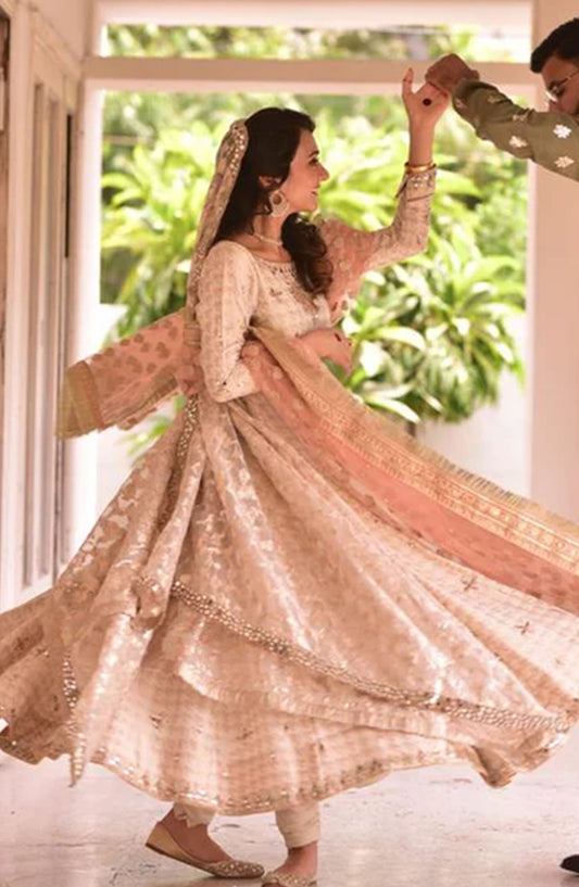 Hues Atelier Embroidered Organza 3 Piece - Sheesha Formal Pishwaas - HA25LF - Peach - Festive Collection