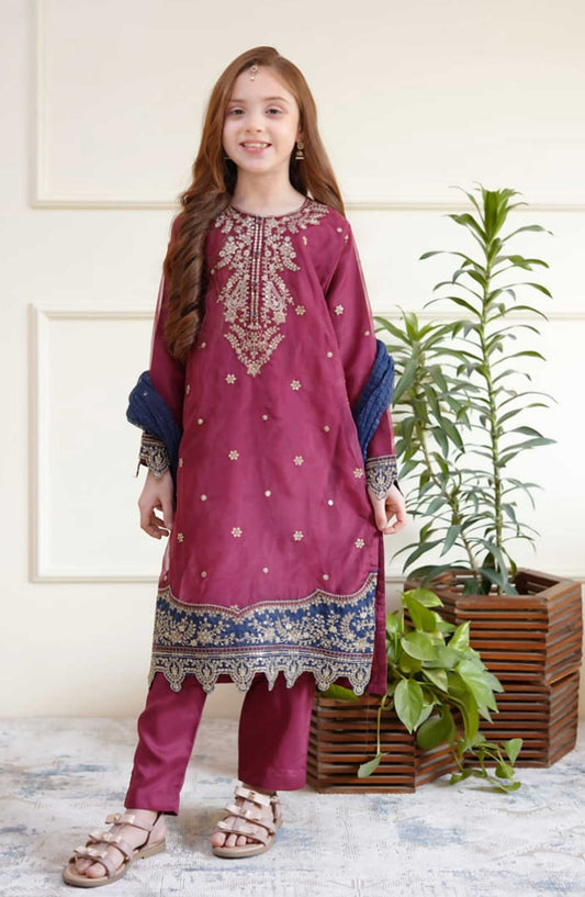 Shanzey Embroidered Organza Stitched 3 Piece - SHK-3503-Majenta - SH25EB - Purple - Festive Girls Collection
