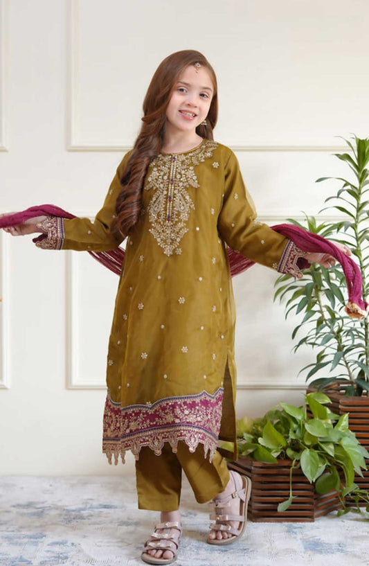 Shanzey Embroidered Organza Stitched 3 Piece - SHK-3504-Mehendi - SH25EB - Dusty Mustard - Festive Girls Collection