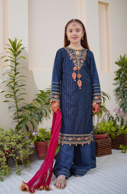 Shanzey Embroidered Net Stitched 3 Piece Suit - SHK-3802 - SH25MEFE - Blue - Girls Collection