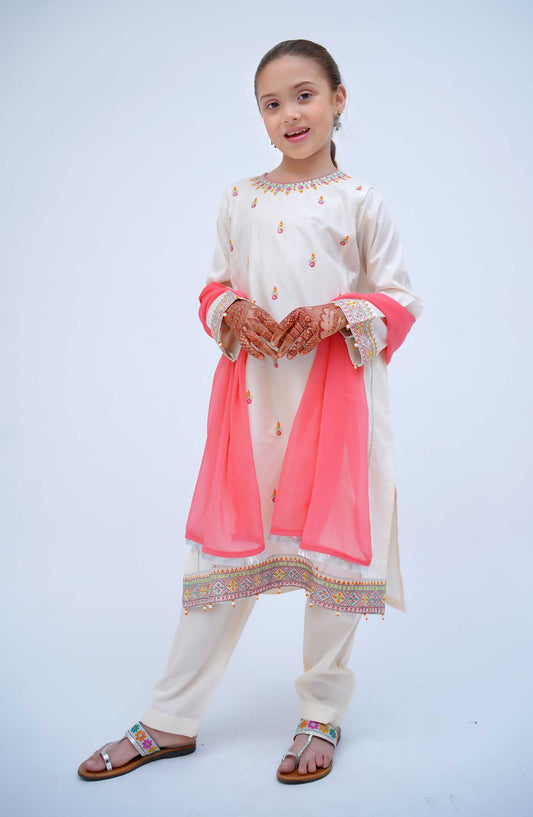 Kirnain by Shanzey Embroidered Cotton Stitched 3 Piece Suit - SHK 3601 OFF WHITE - SH25KC - Off White - Girls Collection