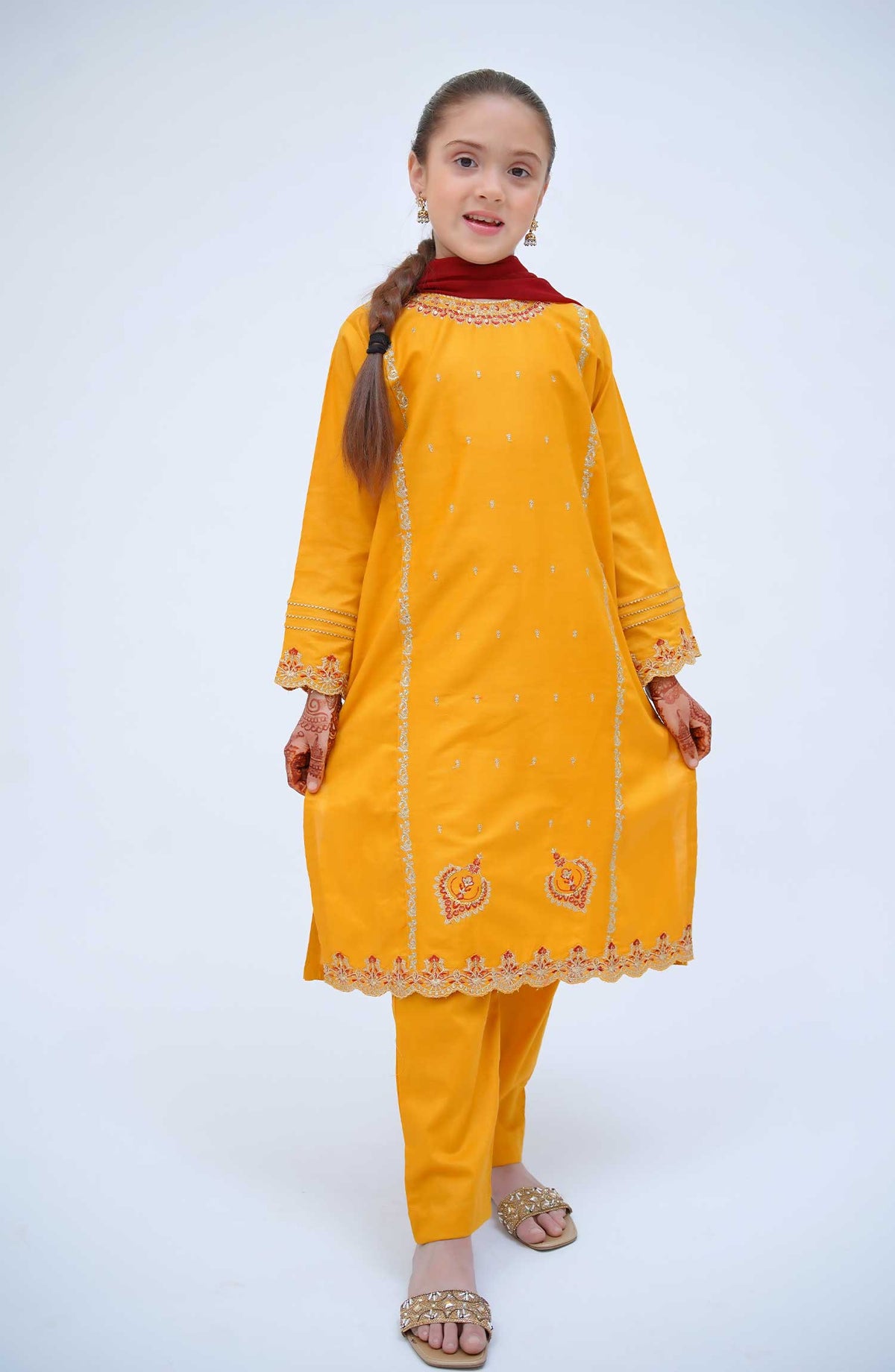 Kirnain by Shanzey Embroidered Cotton Stitched 3 Piece Suit - SHK 3602 MUSTARD - SH25KC - Mustard - Girls Collection