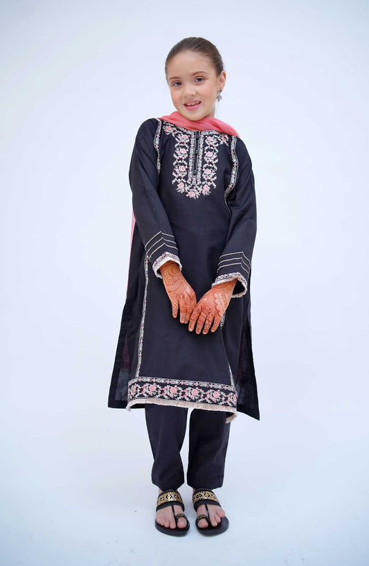 Kirnain by Shanzey Embroidered Cotton Stitched 3 Piece Suit - SHK 3604 BLACK - SH25KC - Black - Girls Collection