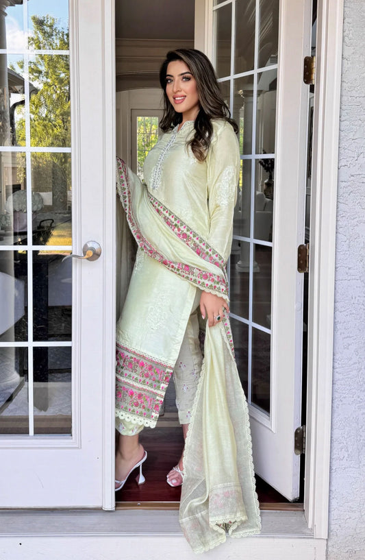 Luna Edit By Hues Atelier Embroidered Korean Raw Silk Stitched 3 Piece - Sira Off White - HA25L - Festive Collection