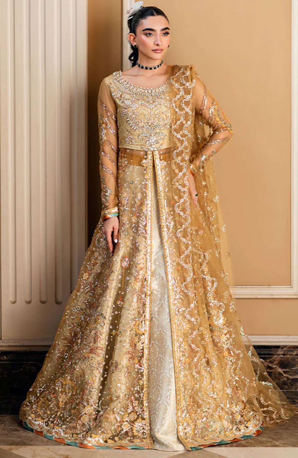 Mushq Embroidered Net Unstitched 4 Piece - Sitaray - MQ25M - Golden - Formal Collection