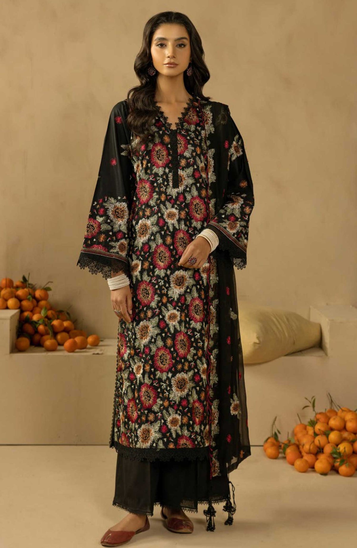 Khoobsurat Chikankari Lawn Unstitched 3 Piece - SK-32 - K25CL - Black - Summer Collection