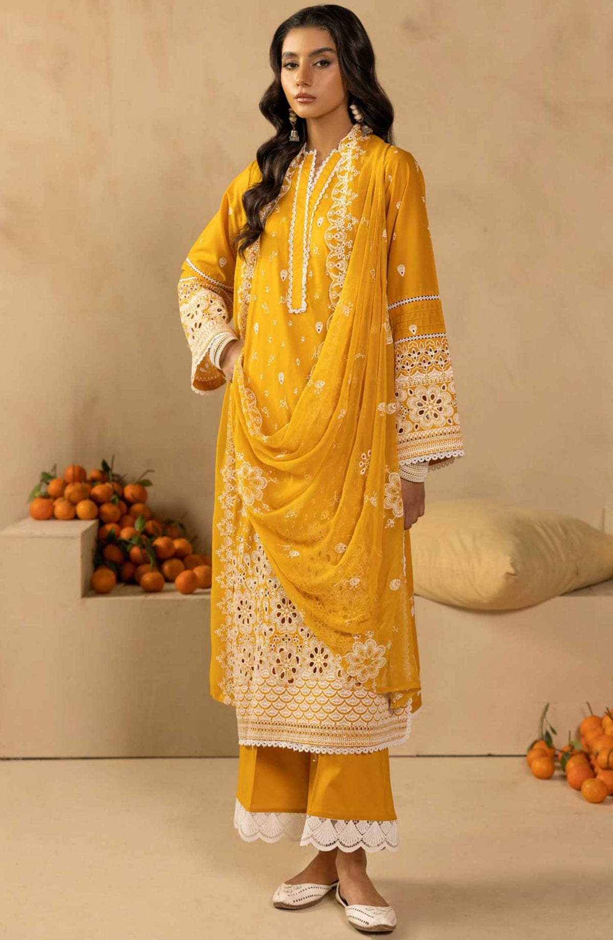 Khoobsurat Chikankari Lawn Unstitched 3 Piece - SK-34 - K25CL - Mustard - Summer Collection