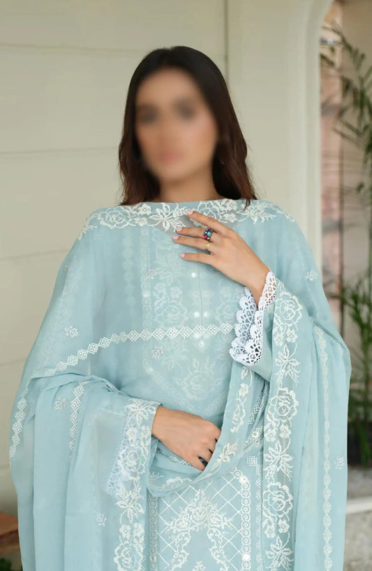Embroidered Karandi Collection with Embroidered Chiffon Dupatta by Marjjan - SKC-101 (ICE BLUE)