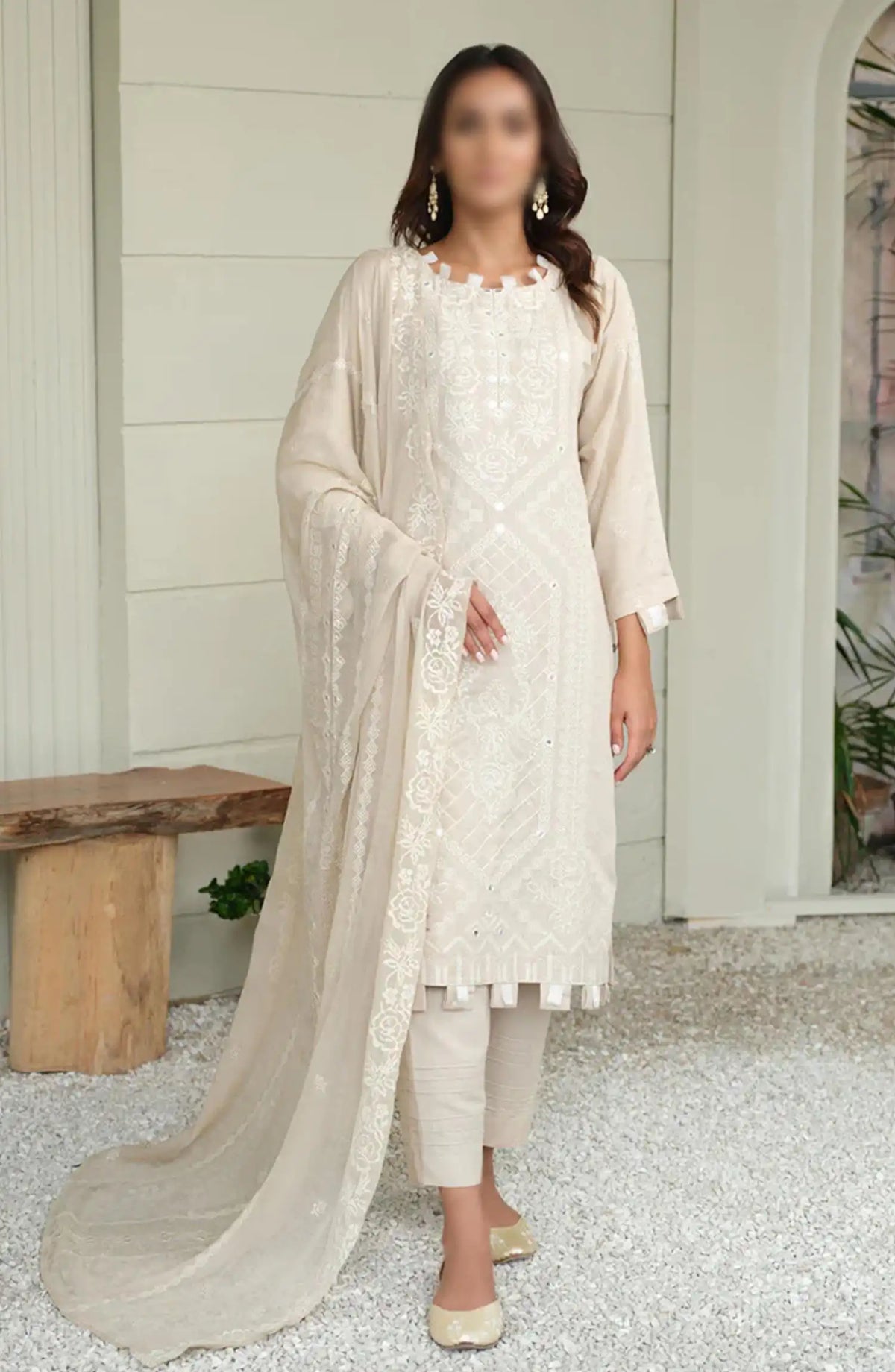 Embroidered Karandi Collection with Embroidered Chiffon Dupatta by Marjjan - SKC-101 (OFF WHITE)