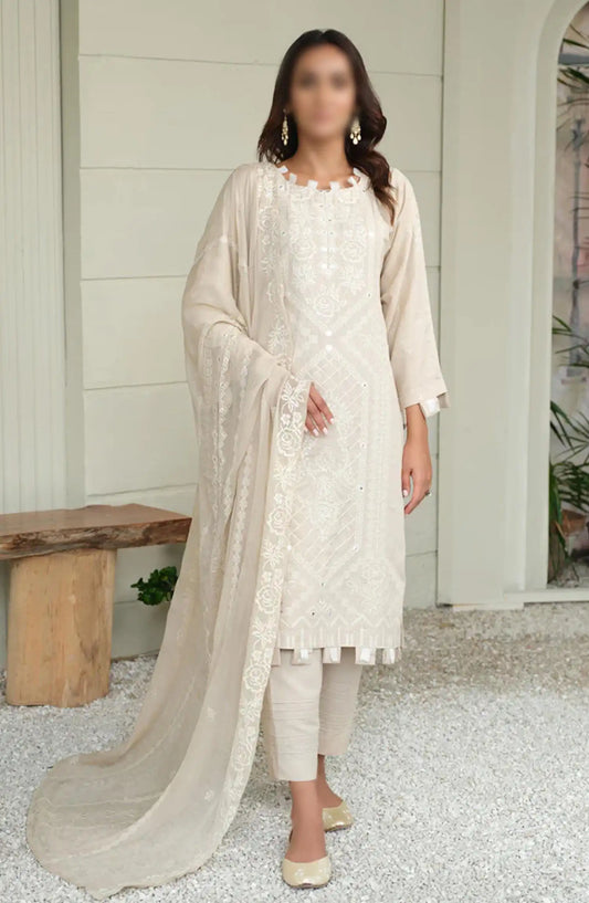 Embroidered Karandi Collection with Embroidered Chiffon Dupatta by Marjjan - SKC-101 (OFF WHITE)