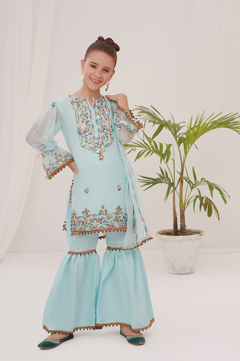 Merakish Kids Embroidered Chiffon Collection 2023 - Sky Blue