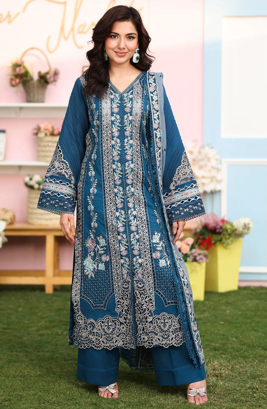Hayam by Imrozia Embroidered Lawn Unstitched 3 Piece Suit - SL-87 Sahar - IMP25HELL - Blue - Luxury Summer Collection