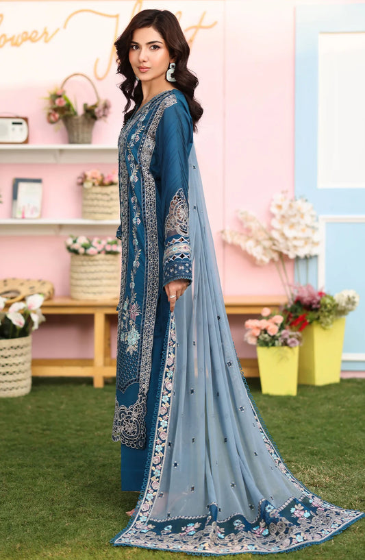 Hayam by Imrozia Embroidered Lawn Unstitched 3 Piece Suit - SL-87 Sahar - IMP25HELL - Blue - Luxury Summer Collection