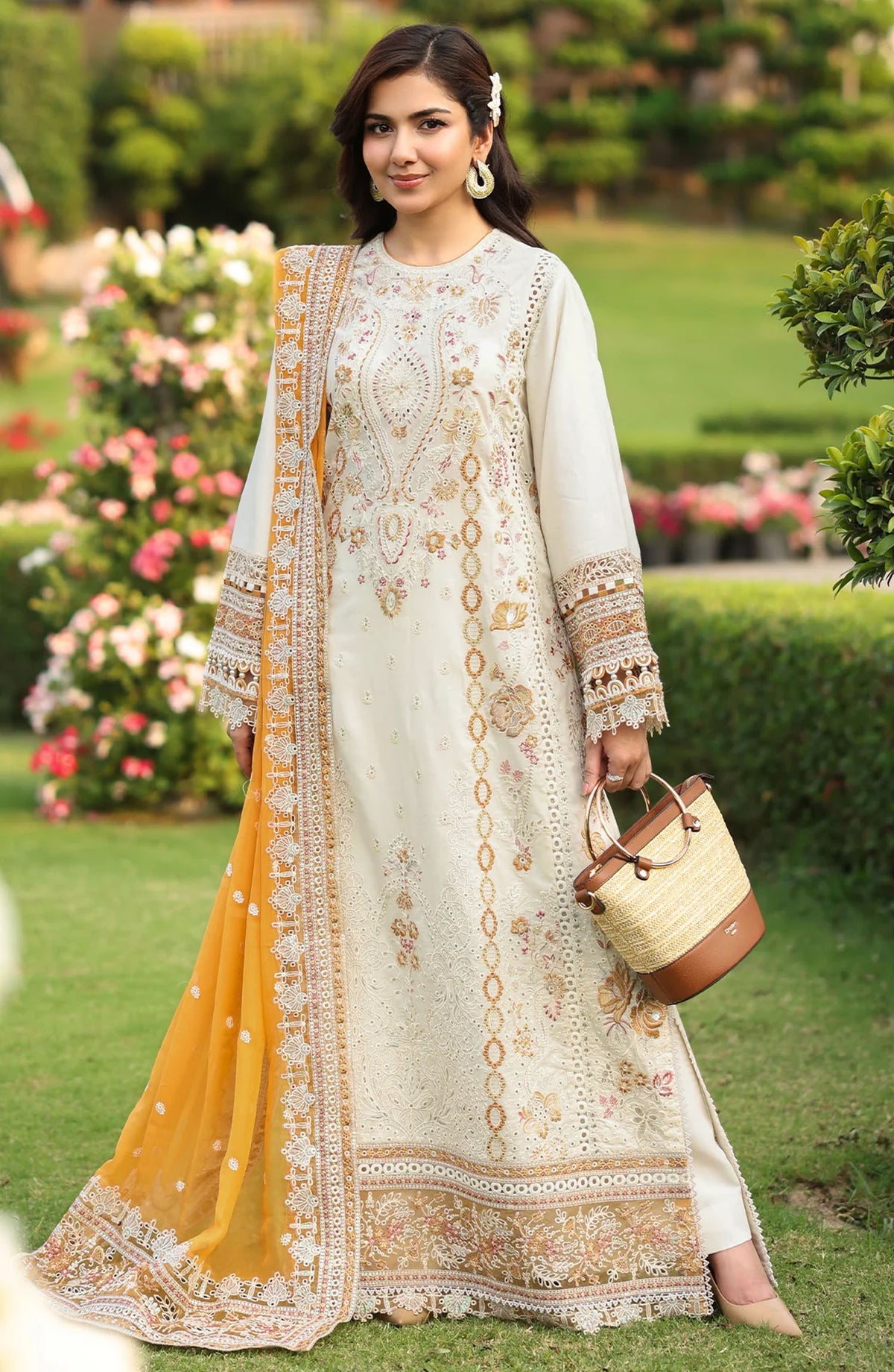 Hayam by Imrozia Embroidered Lawn Unstitched 3 Piece Suit - SL-91 Lulu - IMP25HELL - Off White - Luxury Summer Collection
