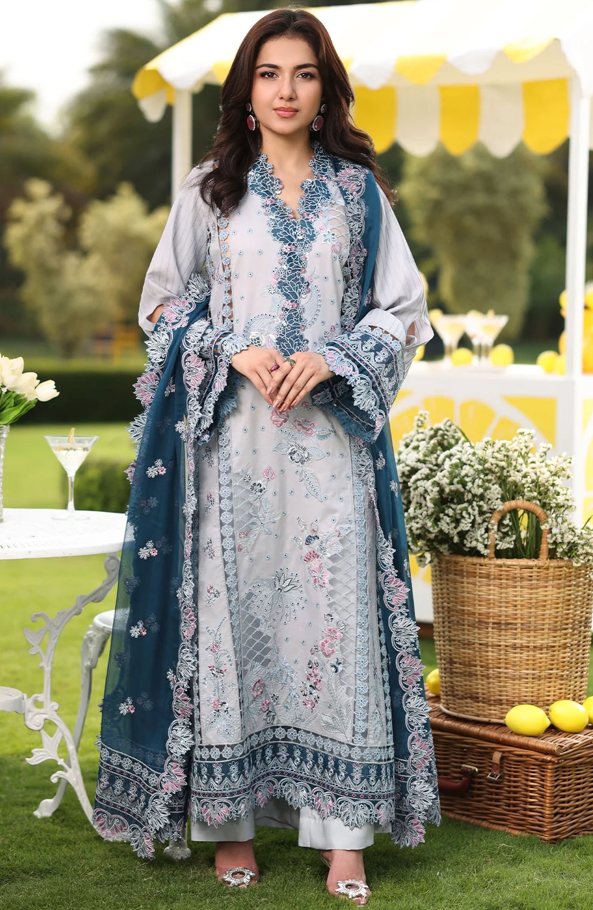 Hayam by Imrozia Embroidered Lawn Unstitched 3 Piece Suit - SL-96 Munira - IMP25HELL - Blue - Luxury Summer Collection
