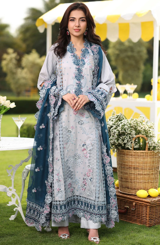 Hayam by Imrozia Embroidered Lawn Unstitched 3 Piece Suit - SL-96 Munira - IMP25HELL - Blue - Luxury Summer Collection