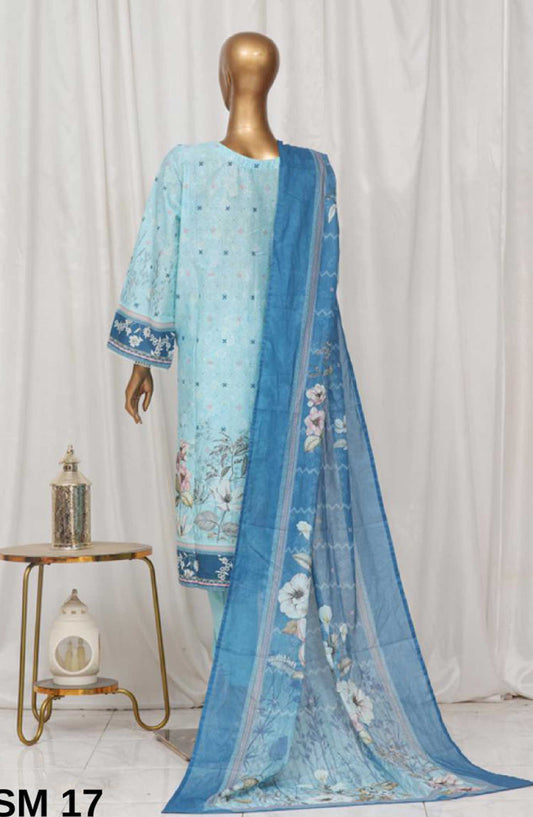 Bin Saeed Printed Lawn Stitched 3 Piece - SM-17 - BS25EL - Light Blue - Summer Collection
