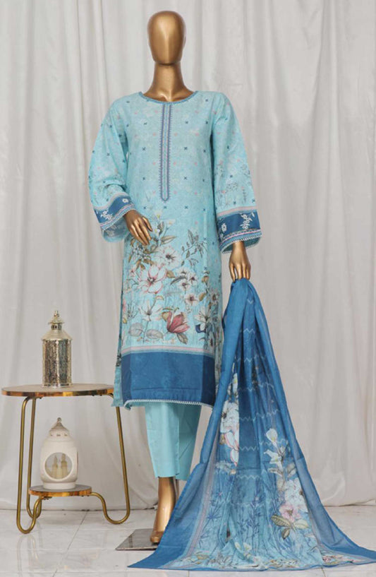 Bin Saeed Printed Lawn Stitched 3 Piece - SM-17 - BS25EL - Light Blue - Summer Collection