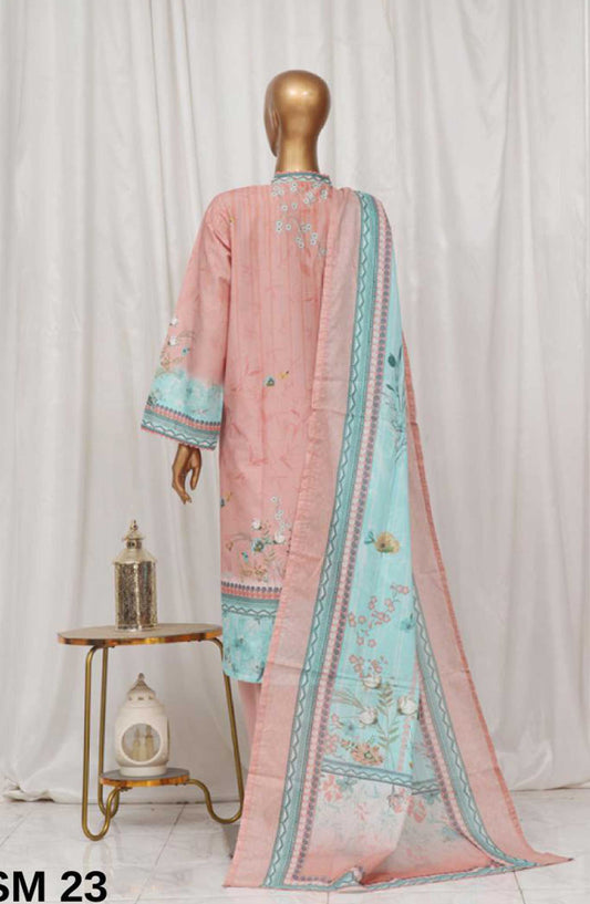Bin Saeed Printed Lawn Stitched 3 Piece - SM-23 - BS25EL - Peach Pink - Summer Collection