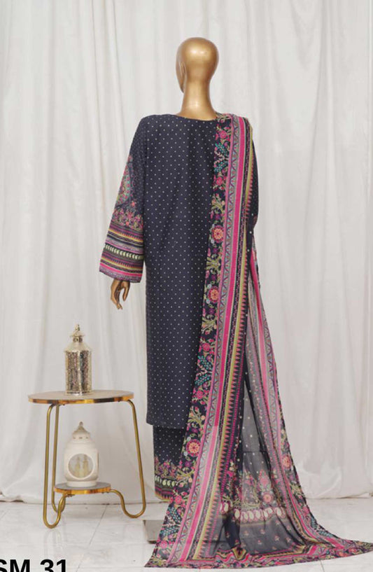 Bin Saeed Printed Lawn Stitched 3 Piece - SM-31 - BS25EL - Navy Blue - Summer Collection