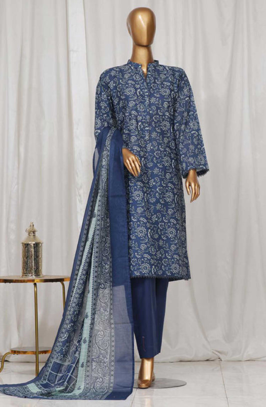 Bin Saeed Printed Lawn Stitched 3 Piece - SM-52 - BS25EL - Dark Blue - Summer Collection