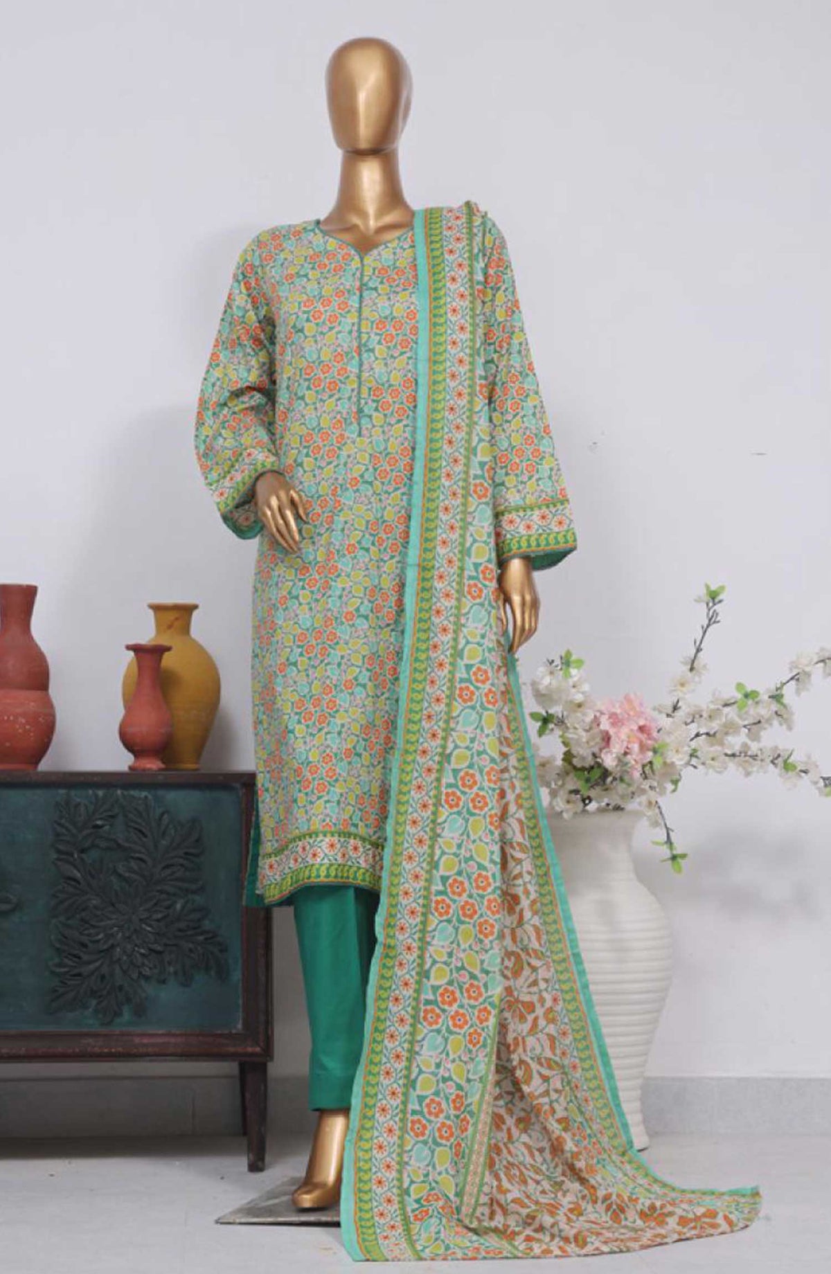 Bin Saeed Printed Lawn Stitched 3 Piece - SM-605 - BS25EL - Green - Summer Collection