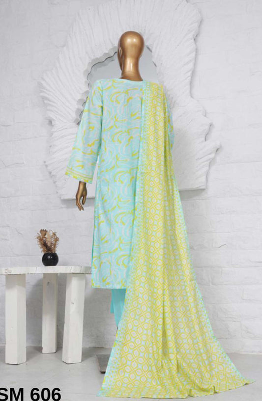Bin Saeed Printed Lawn Stitched 3 Piece - SM-606 - BS25EL - Light Blue - Summer Collection