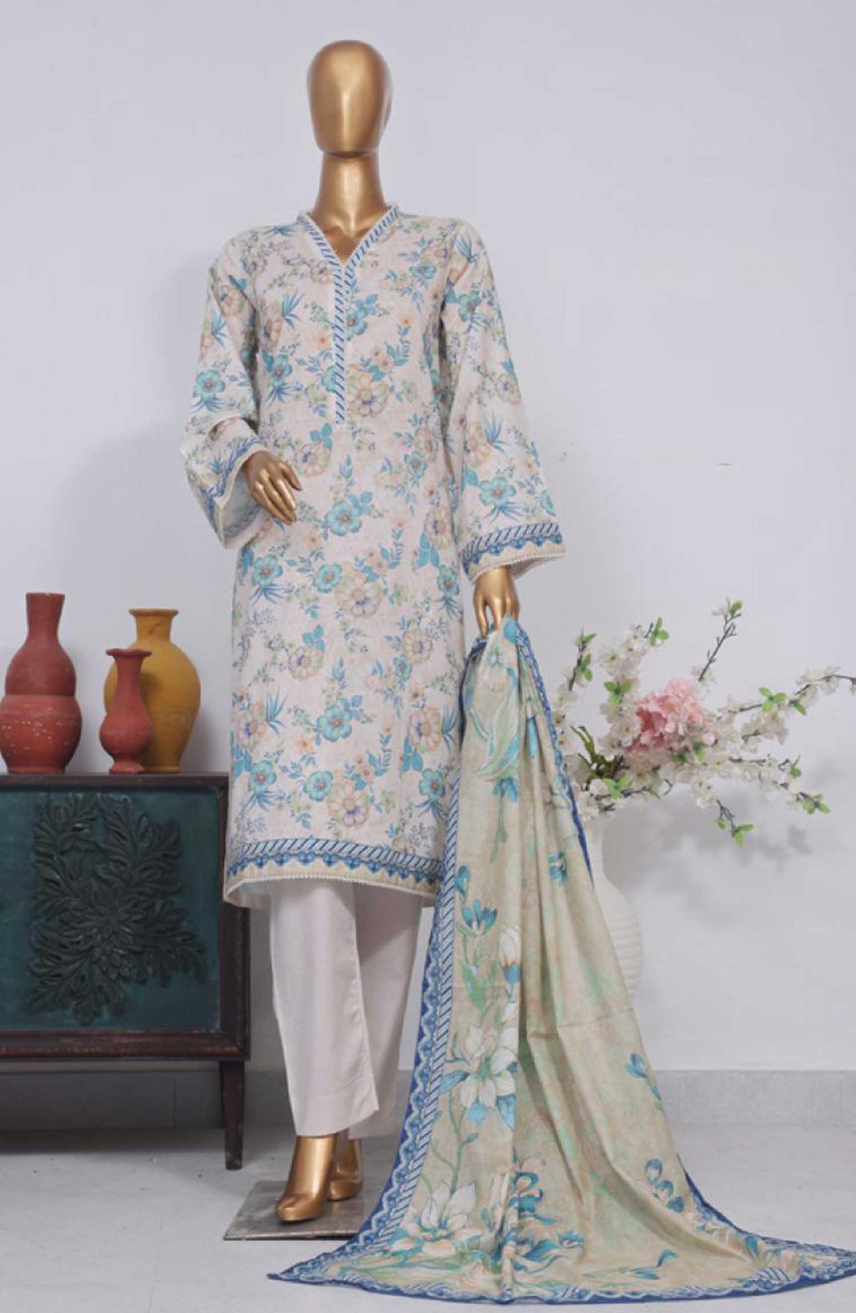 Bin Saeed Printed Lawn Stitched 3 Piece - SM-735 - BS25EL - White - Summer Collection