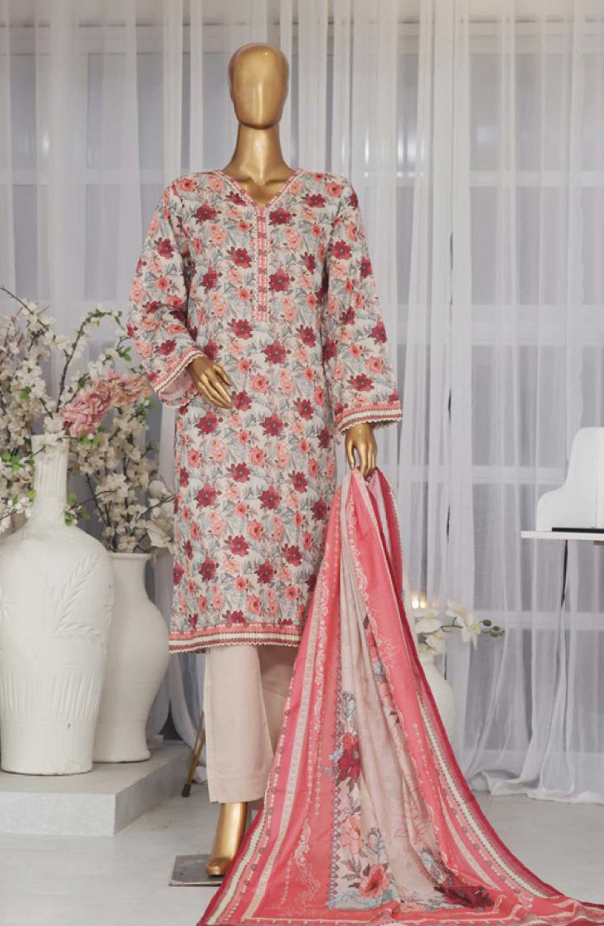Bin Saeed Printed Lawn Stitched 3 Piece - SM-744 - BS25EL - Tea Pink - Summer Collection
